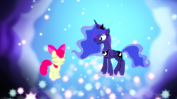 Size: 1440x809 | Tagged: safe, screencap, apple bloom, princess luna, alicorn, earth pony, pony, bloom & gloom, g4, bow, dream realm, dream walker luna, duo, ethereal mane, eyes closed, female, filly, foal, hair bow, mare, open mouth, starry mane