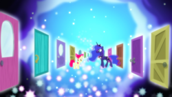 Size: 1440x810 | Tagged: safe, screencap, apple bloom, princess luna, alicorn, earth pony, pony, bloom & gloom, g4, season 5, door, dream doors, dream realm, dream walker luna, duo, ethereal mane, female, filly, mare, starry mane