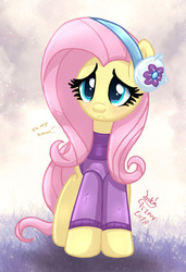 Size: 890x1300 | Tagged: safe, artist:joakaha, fluttershy, pegasus, pony, g4, my little pony best gift ever, blushing, clothes, cute, earmuffs, female, shyabetes, solo, sweater, winter outfit