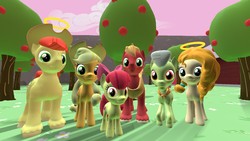 Size: 1920x1080 | Tagged: safe, artist:soad24k, apple bloom, applejack, big macintosh, bright mac, granny smith, pear butter, g4, 3d, apple siblings, apple sisters, apple tree, brother and sister, family, family photo, father and daughter, father and son, female, filly, gmod, grandmother and grandchild, grandmother and granddaughter, grandmother and grandson, halo, male, mare, mother and child, mother and daughter, mother and daughter-in-law, mother and son, siblings, sisters, stallion, tree