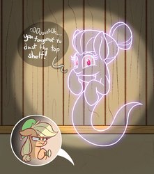 Size: 1500x1700 | Tagged: safe, artist:heir-of-rick, applejack, oc, oc:great-granny apple, earth pony, ghost, ghost pony, pony, g4, applejack is not amused, dialogue, duo, female, flashlight (object), hat, hidden cane, hoof hold, mare, nightcap, smiling, speech bubble, unamused