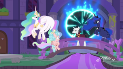 Size: 1920x1080 | Tagged: safe, screencap, chancellor neighsay, cozy glow, princess celestia, princess luna, pegasus, pony, g4, school raze, angry, celestia is not amused, cozy glow is not amused, cozybuse, female, filly, foal, hoof shoes, luna is not amused, now you fucked up, this will end in jail time, unamused, you dun goofed