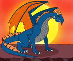 Size: 1308x1100 | Tagged: safe, artist:linedraweer, oc, oc only, oc:von, dragon, black eye, claws, commission, dragon oc, dragon wings, dragonified, horns, male, mountain, solo, species swap, sundown, tail, teeth, wings