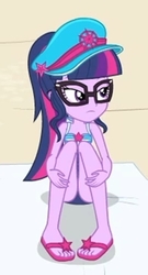 Size: 1138x2100 | Tagged: safe, screencap, sci-twi, twilight sparkle, human, equestria girls, equestria girls specials, g4, my little pony equestria girls: better together, my little pony equestria girls: forgotten friendship, ass, beach, beach towel, butt, clothes, cropped, feet, female, flip-flops, glasses, hat, legs, sandals, sci-twi swimsuit, sexy, solo, swimsuit, towel