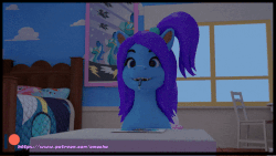 Size: 600x338 | Tagged: safe, artist:omochalaroo, oc, oc:alexxis, pony, 3d, animated, bedroom, blender, blender cycles, chibi, drawing, patreon, ponytail, ponyville, rendering