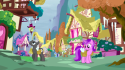 Size: 1440x809 | Tagged: safe, screencap, amethyst star, dark moon, graphite, minuette, mochaccino, rare find, sparkler, pony, unicorn, g4, tanks for the memories, background pony, basket, female, icicle, looking up, magic, male, mare, ponyville, stallion, telekinesis, winter