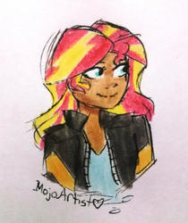 Size: 624x744 | Tagged: safe, artist:mojothebrojo, sunset shimmer, human, equestria girls, g4, bust, clothes, dark skin, female, humanized, portrait, simple background, traditional art, white background