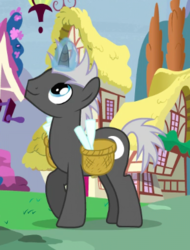 Size: 294x386 | Tagged: safe, screencap, dark moon, graphite, pony, unicorn, g4, tanks for the memories, background pony, basket, cropped, icicle, looking up, magic, magic aura, male, solo, stallion