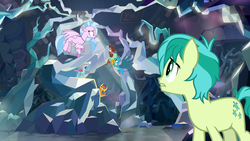 Size: 1280x720 | Tagged: safe, screencap, gallus, ocellus, sandbar, silverstream, smolder, yona, changedling, changeling, classical hippogriff, dragon, earth pony, griffon, hippogriff, pony, yak, g4, school raze, crystal, cutie mark, dragoness, female, flying, male, nightmare cave, student six, teenager, wings