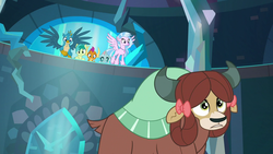 Size: 1280x720 | Tagged: safe, screencap, gallus, ocellus, sandbar, silverstream, smolder, yona, changedling, changeling, classical hippogriff, dragon, earth pony, griffon, hippogriff, pony, yak, g4, school raze, bow, dragoness, female, hair bow, male, monkey swings, spread wings, student six, teenager, wings