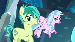 Size: 1280x720 | Tagged: safe, screencap, sandbar, silverstream, classical hippogriff, earth pony, hippogriff, pony, g4, school raze, duo, female, flying, male, teenager