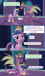 Size: 1920x3240 | Tagged: safe, artist:red4567, spike, twilight sparkle, alicorn, dragon, pony, g4, 3d, back, comic, crying, dragons riding ponies, older, older spike, older twilight, quadrupedal spike, riding, source filmmaker, spike riding twilight, twilight sparkle (alicorn), winged spike, wings