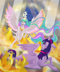 Size: 5050x6000 | Tagged: safe, artist:shaslan, princess celestia, twilight sparkle, alicorn, pony, g4, absurd resolution, crepuscular rays, crying, duo, eye contact, female, fight, fire, floppy ears, jewelry, leonine tail, looking at each other, mare, nightmare, obtrusive watermark, rearing, regalia, spread wings, story included, twilight sparkle (alicorn), watermark, wings