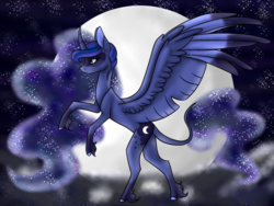 Size: 1024x768 | Tagged: safe, artist:leviathanscrown, princess luna, alicorn, classical unicorn, pony, unicorn, g4, cloven hooves, coat markings, curved horn, cutie mark, ethereal mane, female, horn, leonine tail, mare, moon, rearing, redraw, solo, spread wings, starry mane, stars, unshorn fetlocks, wings