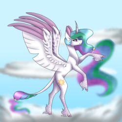Size: 1024x1024 | Tagged: safe, artist:leviathanscrown, princess celestia, alicorn, classical unicorn, pony, unicorn, g4, cloven hooves, curved horn, cutie mark, female, horn, leonine tail, lidded eyes, mare, profile, rearing, smiling, solo, spread wings, unshorn fetlocks, wings