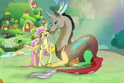Size: 6000x4000 | Tagged: safe, artist:shaslan, discord, fluttershy, draconequus, pegasus, pony, g4, absurd resolution, crepuscular rays, eyes closed, female, fluttershy's cottage, happy, male, mare, nuzzling, obtrusive watermark, ship:discoshy, shipping, smiling, spread wings, straight, watermark, wings