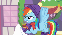 Size: 1280x720 | Tagged: safe, screencap, rainbow dash, pegasus, pony, best gift ever, g4, candle, clothes, female, flying, hat, mare, scarf, solo, winter outfit