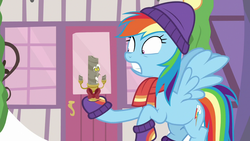 Size: 1280x720 | Tagged: safe, screencap, discord, rainbow dash, pegasus, pony, g4, my little pony best gift ever, candle, candlestick, clothes, discord candle, duo, female, hat, living object, mare, scarf, winter outfit