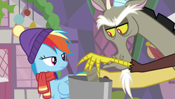 Size: 1280x720 | Tagged: safe, screencap, discord, rainbow dash, draconequus, pegasus, pony, g4, my little pony best gift ever, candle, clothes, duo, female, hat, male, mare, scarf, trash can, winter outfit