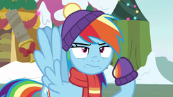 Size: 1280x720 | Tagged: safe, screencap, rainbow dash, pegasus, pony, g4, my little pony best gift ever, my little pony: friendship is magic, candle, clothes, female, hat, mare, scarf, solo, winter outfit