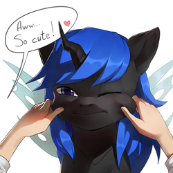 Size: 1700x1700 | Tagged: safe, artist:sobaka_blyadskaya, oc, oc only, oc:blue visions, changeling, human, changeling oc, cheek squish, hand, heart, offscreen character, one eye closed, pov, speech, speech bubble, squishy cheeks, wink, ych result