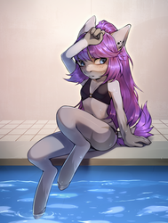 Size: 1509x2000 | Tagged: safe, artist:sobaka_blyadskaya, oc, oc only, oc:mill, earth pony, anthro, unguligrade anthro, anthro oc, armpits, bikini, blushing, clothes, colored hooves, female, mare, solo, swimming pool, swimsuit, ych result