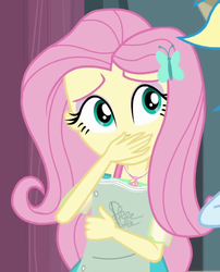 Size: 517x641 | Tagged: safe, screencap, fluttershy, rainbow dash, butterfly, equestria girls, equestria girls series, g4, stressed in show, covering mouth, cropped, cute, female, geode of fauna, hand on mouth, magical geodes, script, shyabetes
