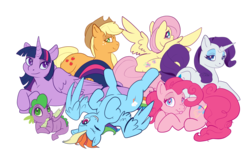 Size: 1280x791 | Tagged: safe, artist:merry-carousel, applejack, fluttershy, pinkie pie, rainbow dash, rarity, spike, twilight sparkle, alicorn, dragon, earth pony, pegasus, pony, unicorn, g4, :p, blushing, female, freckles, looking at you, lying down, male, mane seven, mane six, mare, on back, one eye closed, silly, simple background, smiling, spread wings, tongue out, transparent background, twilight sparkle (alicorn), winged spike, wings, wink