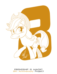 Size: 1086x1400 | Tagged: safe, artist:fuzon-s, part of a set, applejack, earth pony, pony, g4, anniversary, female, happy birthday mlp:fim, mare, mlp fim's eighth anniversary, monochrome, pony channel, sketch, smiling, solo, style emulation, walking, yuji uekawa style