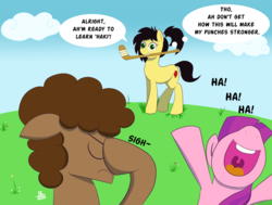 Size: 2250x1700 | Tagged: safe, artist:feralroku, lily longsocks, oc, oc:strong runner, oc:uppercute, earth pony, pony, g4, accent, background pony, comic, dialogue, eyes closed, facehoof, female, filly, haki, hockey stick, laughing, male, mare, misunderstanding, mouth hold, one piece, open mouth, pun, stallion