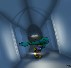Size: 2104x2018 | Tagged: safe, artist:the-furry-railfan, oc, oc only, oc:crash dive, oc:depth charge, merpony, pegasus, pony, diving suit, exploring, hallway, high res, hose, indoors, lantern, library, ruins, story included, underwater