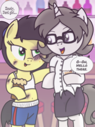 Size: 1200x1600 | Tagged: safe, artist:toyminator900, oc, oc only, oc:solaria, oc:uppercute, earth pony, pony, unicorn, alcohol, apple cider, belly button, bipedal, blouse, clothes, drunk, glasses, midriff, rum, shorts, skirt, speech bubble, sports bra, sports shorts, tongue out