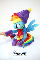 Size: 3456x5184 | Tagged: safe, artist:nekokevin, rainbow dash, human, pegasus, pony, g4, clothes, cute, dashabetes, female, hand, hat, holding hooves, irl, mare, offscreen character, open mouth, photo, plushie, scarf, simple background, smiling, socks, solo, spread wings, watermark, white background, wings, winter outfit