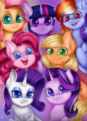 Size: 1500x2085 | Tagged: dead source, safe, artist:burû, applejack, fluttershy, pinkie pie, rainbow dash, rarity, starlight glimmer, twilight sparkle, alicorn, earth pony, pegasus, pony, unicorn, g4, chest fluff, cute, female, looking at you, mane six, mare, septet, smiling, straw in mouth
