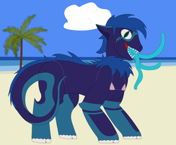 Size: 2750x2250 | Tagged: safe, artist:minus, derpibooru exclusive, oc, oc only, oc:viper, monster pony, original species, pony, tatzlpony, beach, bikini, clothes, cloud, colored, crossdressing, high res, male, ocean, palm tree, sand, secret santa, sharp teeth, sky, solo, summer, swimsuit, teeth, tongue out, tree