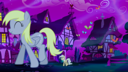 Size: 1440x808 | Tagged: safe, screencap, derpy hooves, mayor mare, earth pony, pegasus, pony, do princesses dream of magic sheep, g4, derpysaur, dream, eyes closed, eyes on the prize, female, giant pony, giantess, house, looking at butt, macro, mare, night, shared dream, walking, winged muffin