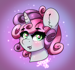Size: 1752x1641 | Tagged: safe, artist:aaa-its-spook, sweetie belle, pony, unicorn, g4, blushing, cute, female, filly, glowing eyes, horn, lipstick, smiling