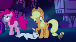 Size: 1440x809 | Tagged: safe, screencap, applejack, coco crusoe, opalescence, pinkie pie, cat, earth pony, pony, do princesses dream of magic sheep, g4, chase, dream, female, galloping, looking down, male, mare, micro, night, raised hoof, shared dream, stalker, stalking, stallion, tiny, tiny ponies