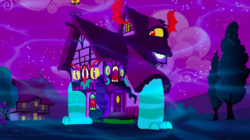 Size: 1440x809 | Tagged: safe, screencap, do princesses dream of magic sheep, g4, abomination, ambiguous gender, bat wings, dream, house, monster, monster house, night, nightmare, solo