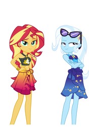 Size: 3106x4096 | Tagged: safe, artist:lifes-remedy, artist:whalepornoz, edit, edited screencap, screencap, sunset shimmer, trixie, equestria girls, equestria girls series, forgotten friendship, g4, belly button, bikini, clothes, crossed arms, duo, duo female, female, looking at you, midriff, not a vector, raised eyebrow, sarong, sexy, simple background, skirt, sleeveless, stomach, sunglasses, swimsuit