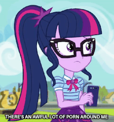 Size: 480x512 | Tagged: safe, edit, edited screencap, screencap, sci-twi, twilight sparkle, derpibooru, equestria girls, g4, my little pony equestria girls: better together, text support, animated, caption, cyoa, edited gif, everything filter, female, geode of telekinesis, gif, image macro, magical geodes, meme, meta, pinterest, shitposting, solo, text