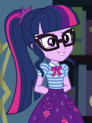 Size: 495x661 | Tagged: safe, screencap, sci-twi, twilight sparkle, equestria girls, g4, my little pony equestria girls: better together, star crossed, arm behind back, bowtie, clothes, cropped, cute, female, geode of telekinesis, glasses, magical geodes, ponytail, skirt, smiling, solo, twiabetes