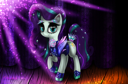 Size: 5120x3360 | Tagged: safe, artist:darksly, coloratura, earth pony, pony, g4, the mane attraction, clothes, countess coloratura, curtains, female, mare, raised hoof, smiling, solo, stage