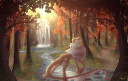 Size: 3300x2096 | Tagged: safe, artist:monogy, oc, oc only, oc:sunflower, pony, unicorn, crepuscular rays, female, forest, high res, leaves, mare, river, solo, stream, tree, waterfall