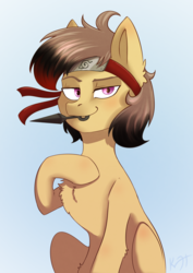Size: 2893x4092 | Tagged: safe, artist:shiro-roo, oc, oc only, earth pony, pony, blue background, bust, chest fluff, headband, kunai, male, mouth hold, naruto, raised eyebrow, simple background, solo, stallion, weapon