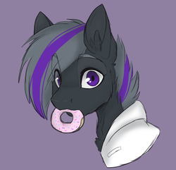 Size: 1143x1103 | Tagged: safe, artist:realfablepony, oc, oc only, oc:doctor vie, pony, .psd available, bust, donut, food, male, mouth hold, portrait, purple background, simple background, solo, stallion