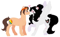 Size: 1748x1074 | Tagged: safe, artist:plixine, oc, oc only, oc:dark jill, earth pony, pegasus, pony, female, kissing, male, mare, simple background, stallion, transparent background