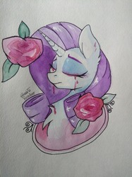 Size: 1280x1707 | Tagged: safe, artist:php97, rarity, pony, unicorn, g4, blood, bust, crying, eyes closed, female, flower, mare, portrait, rose, signature, solo, traditional art, watercolor painting