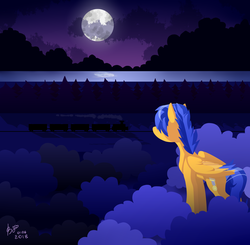 Size: 1935x1900 | Tagged: safe, artist:14usermay88, oc, oc only, oc:crushingvictory, pegasus, pony, cloud, commission, folded wings, lake, male, moon, solo, stallion, stylised, train, tree, watermark, ych result