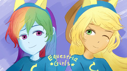 Size: 914x513 | Tagged: safe, artist:drops-water, applejack, rainbow dash, equestria girls, g4, my little pony equestria girls, anime, clothes, female, freckles, hairband, hat, lesbian, one eye closed, scene interpretation, ship:appledash, shipping, smiling, style emulation, sweater, wink, wondercolts, wondercolts uniform